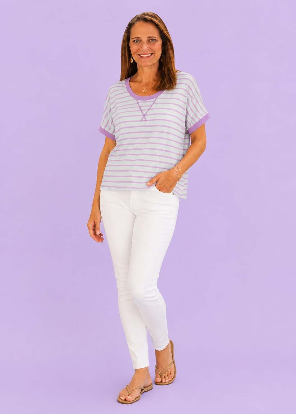 Jodifl Striped Short Sleeve Top with Contrast Trim